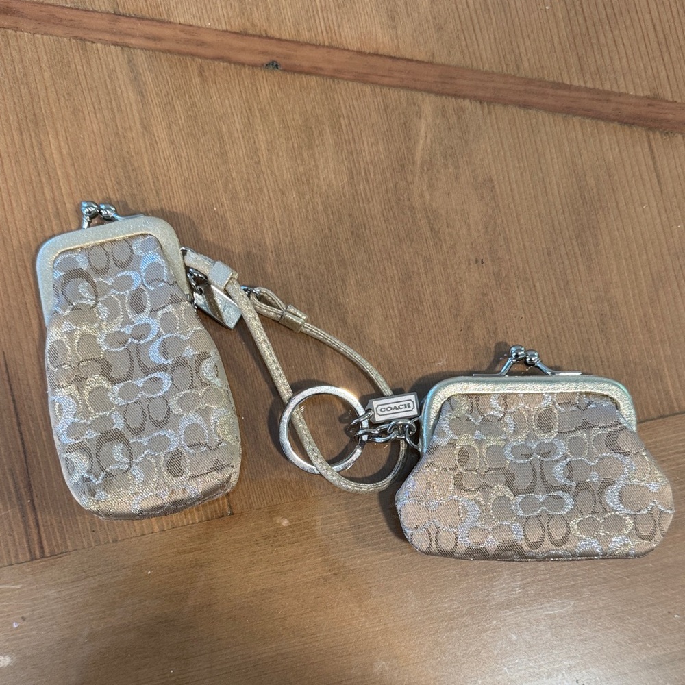 COACH Tan and Brown Signature Keychain Duo